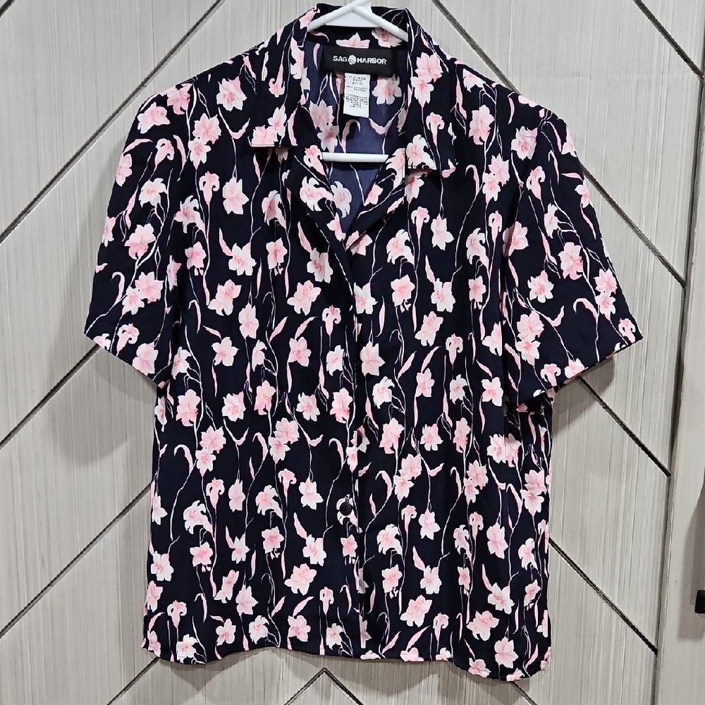 Sag Harbor Navy and Pink Floral Button Down Shirt